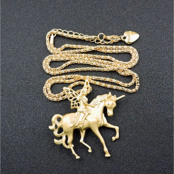 Betsey Johnson Necklace Fairy Unicorn Brooch Pendant Gold Tone